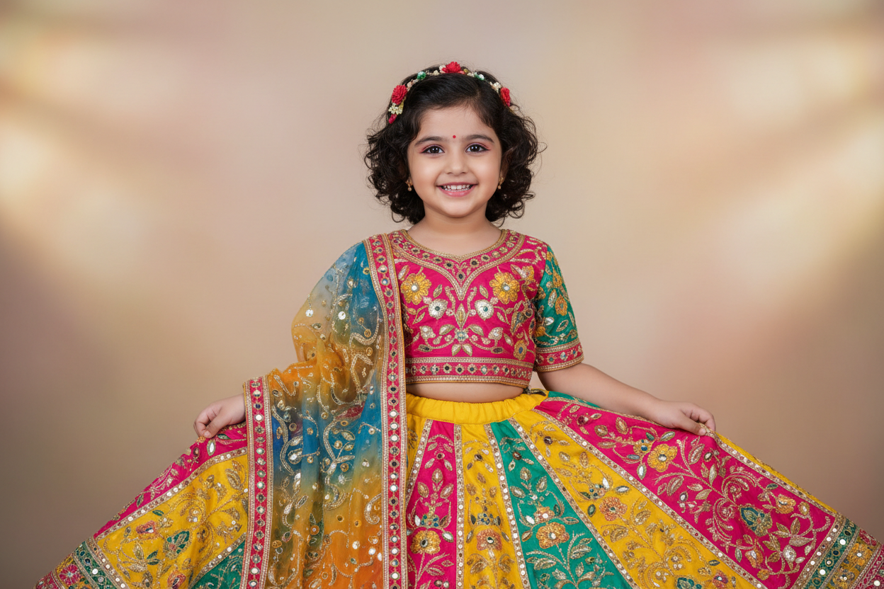 Generate a image with cute child wearing lehenga